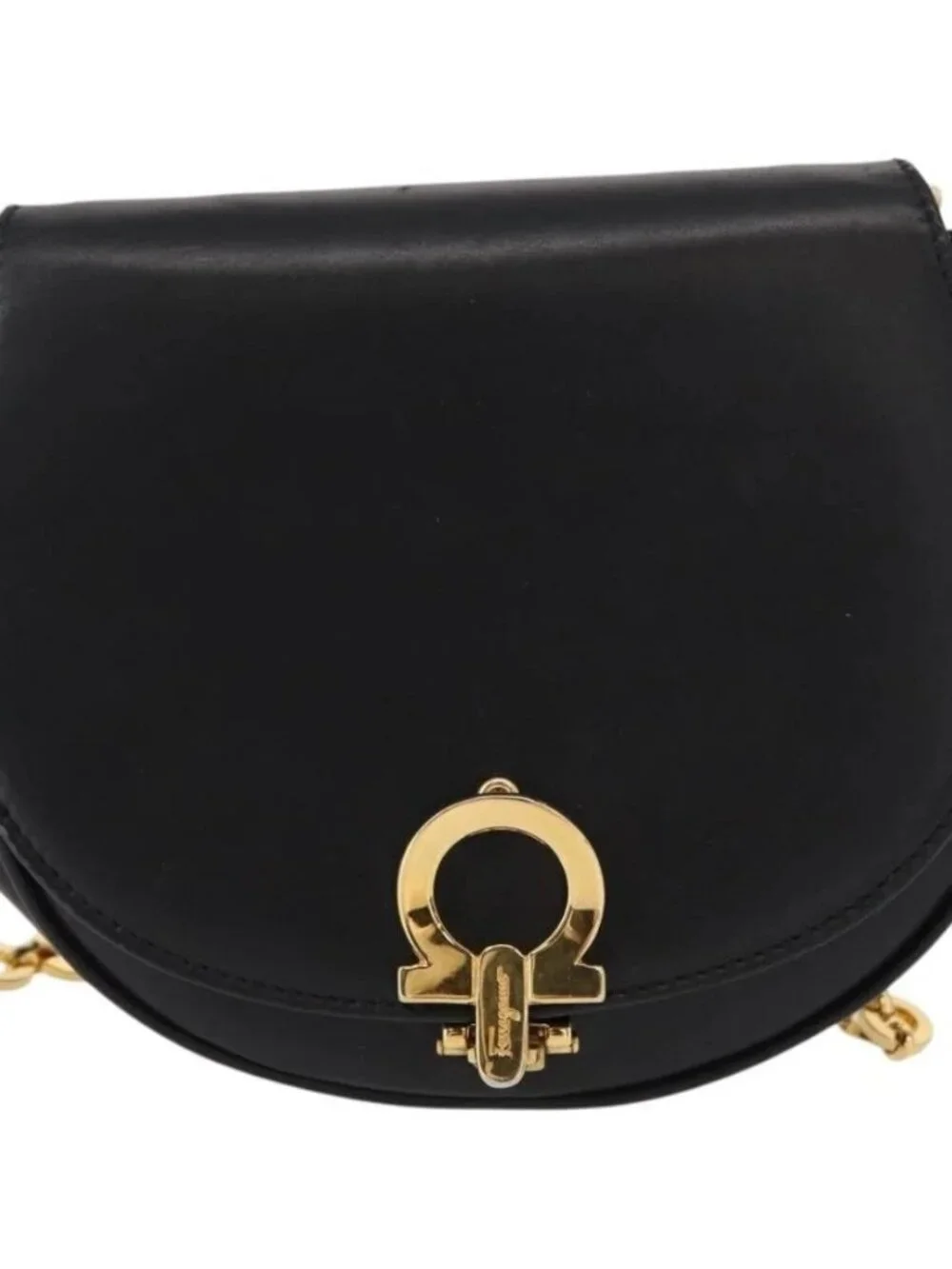 Salvatore Ferragamo Chain Gancini Shoulder Bag Leather Black Gold Auth 161032
